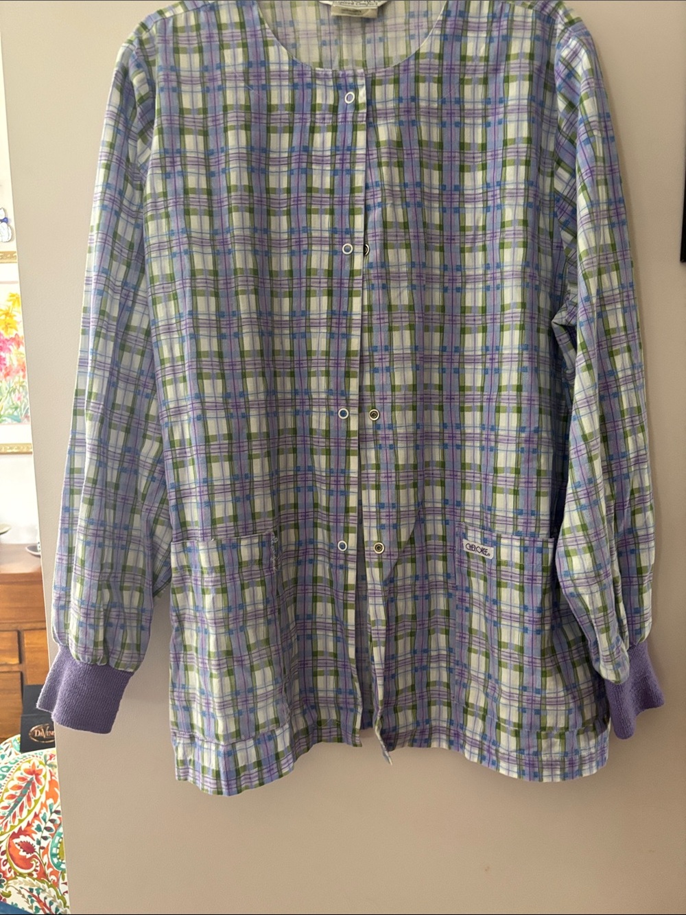 Cherokee Lavender and Green Plaid Snap-Front Long Sleeve Jacket